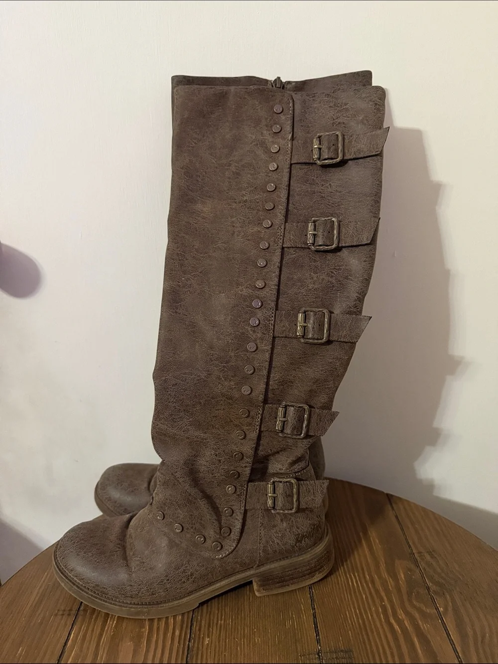 Over-the-Knee Buckled Riding Boots in Taupe